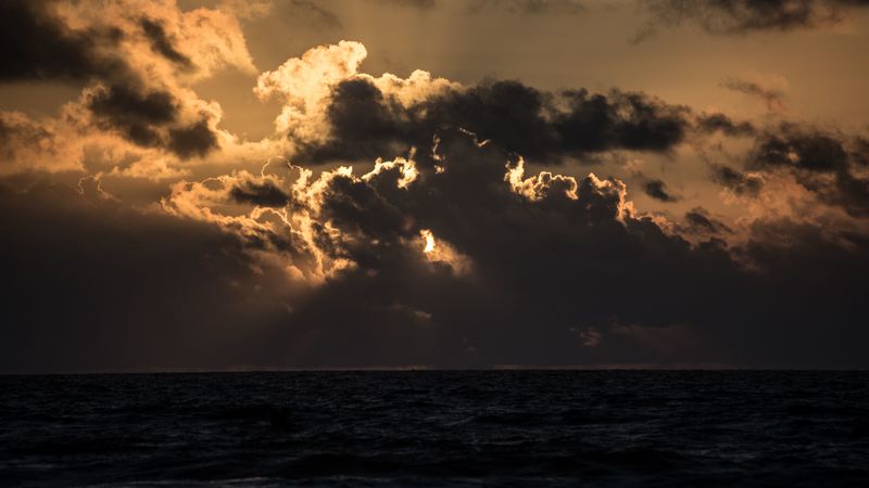 sunset, sea, clouds, horizon, dusk, 4k
