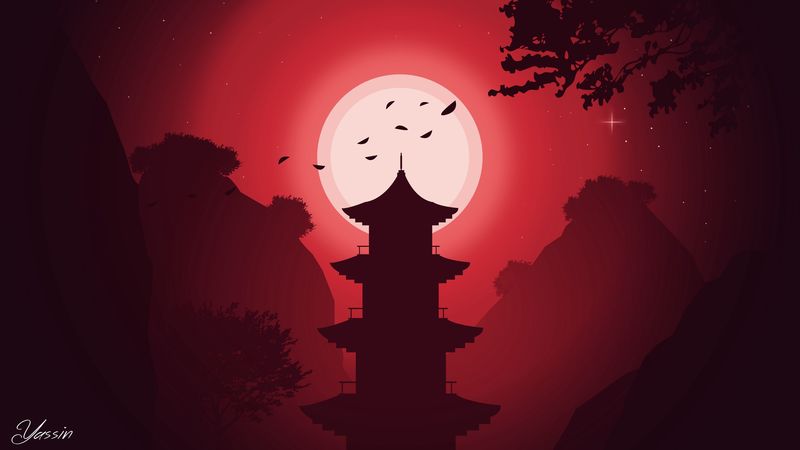 building, moon, night, vector, art, red, 4k