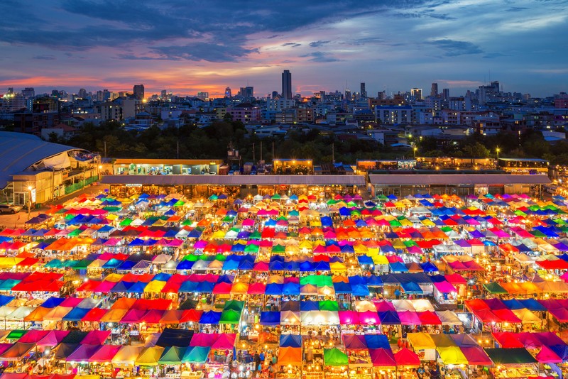 architecture, building, cityscape, colorful, Bangkok, Thailand, sunset, evening, lights, markets