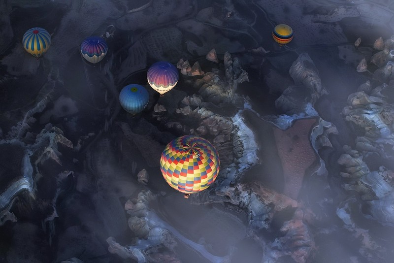 Turkey, landscape, aerial view, hot air balloons