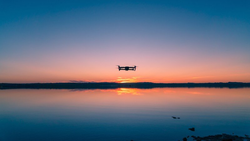 drone, propeller, water, sunset, horizon, clouds, Spain, stones