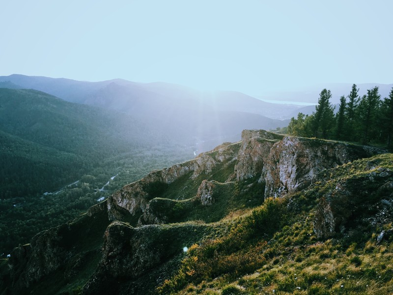photography, nature, landscape, far view, mountains, sky, mist, forest, Russia, rock, sun rays, dawn, grass, valley, Nikita Velikanin