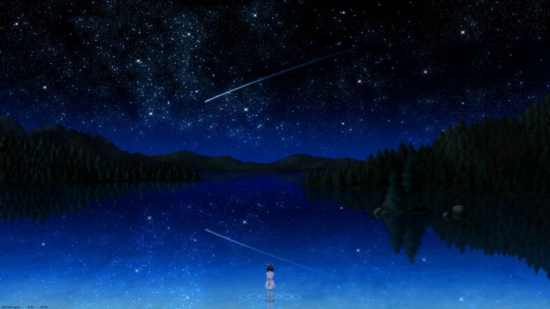 anime, anime girls, water, forest, sky, stars, shooting stars, night