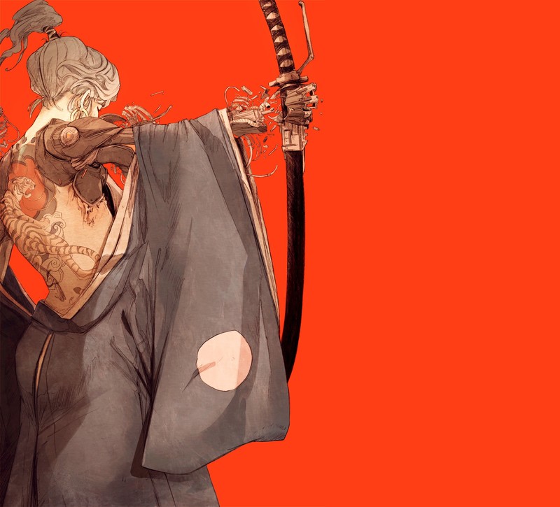 Chun Lo, women, samurai, katana, gray hair, tattoo, simple background