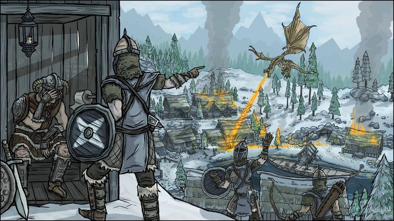 video games, The Elder Scrolls V: Skyrim, dragon, fire, artwork, painting, boat, The Elder Scrolls, fantasy city, humor, Dawnstar