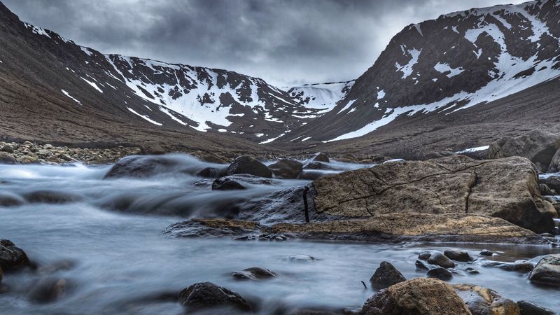 mountains, river, stones, snow, landscape, 4k