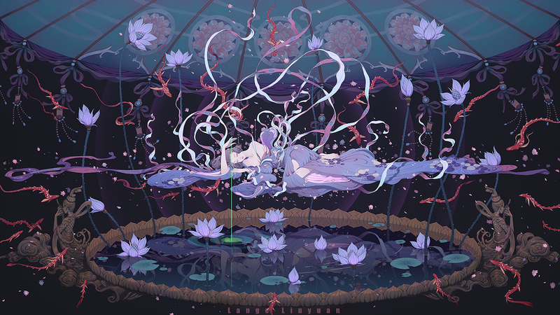 long hair, fish, mirror