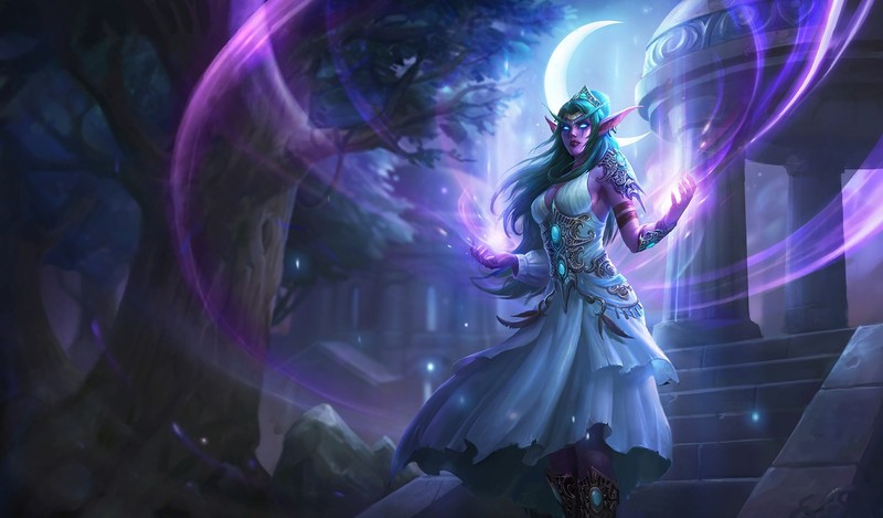 video games, Hearthstone, Warcraft, digital art, artwork, Tyrande Whisperwind, Moon, blue eyes, green hair, elven, pointed ears, World of Warcraft, Blizzard Entertainment