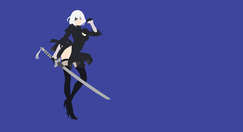Nier: Automata, 2B (Nier: Automata), minimalism, simple background, white hair, katana, NieR