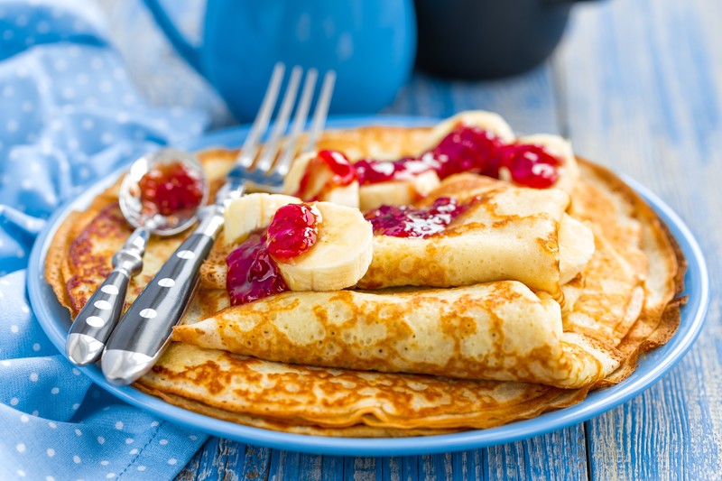 pancakes, bananas, Jam, fork, spoon, food, crepes