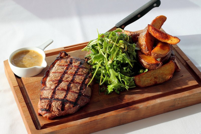 meat, salad, potatoes, Sauce, knife, food, wood