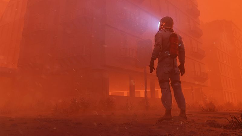 man, building, fog, glow, gloom, 4k