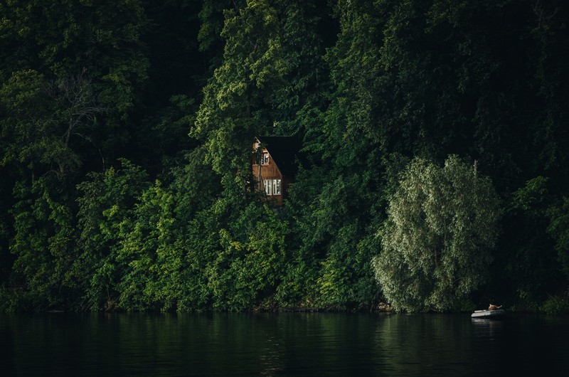 landscape, nature, photography, forest, lake, tree house, raft, reflection