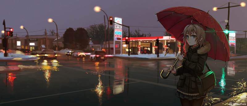 umbrella, short hair, sky, car, rain, moescape