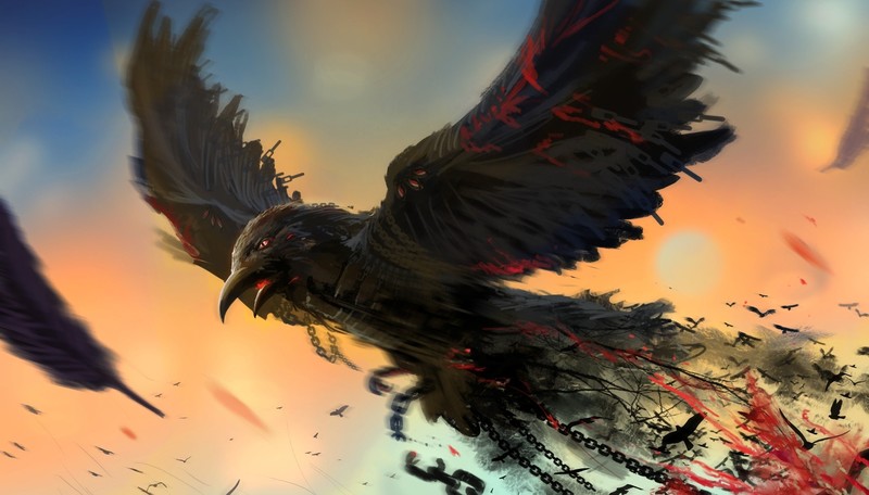 birds, chains, blood, artwork