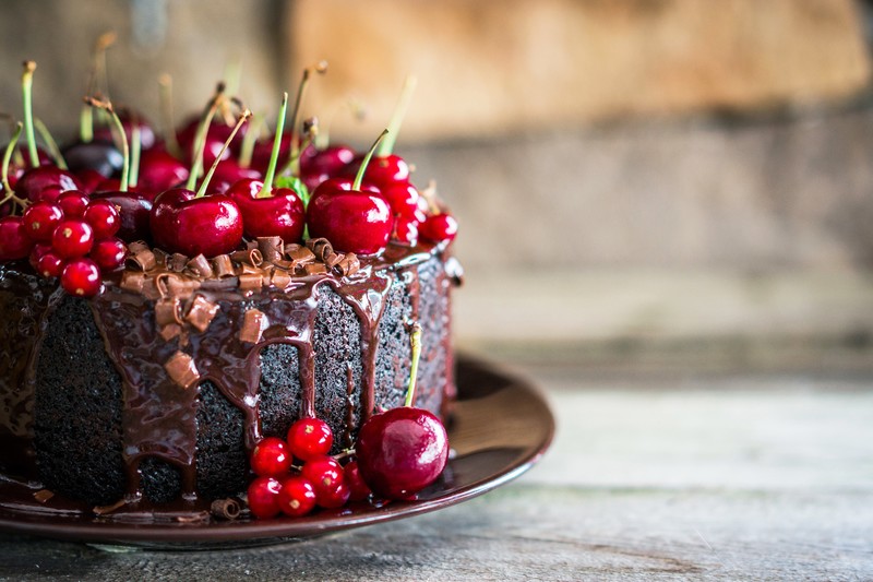 food, cake, chocolate, cherries