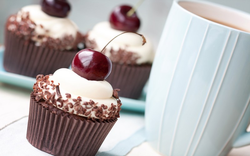 cupcakes, cherries, cup, chocolate