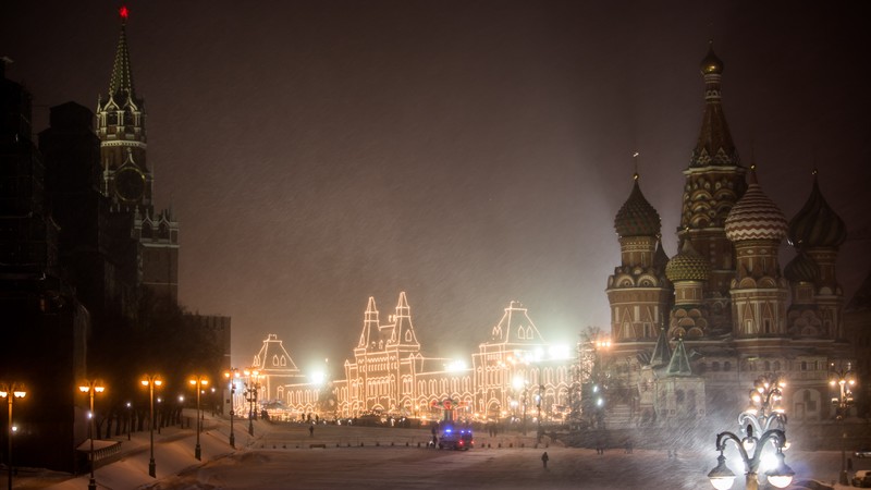 Moscow, Red Square, church, night, snow, Russia, winter, lights, Kremlin