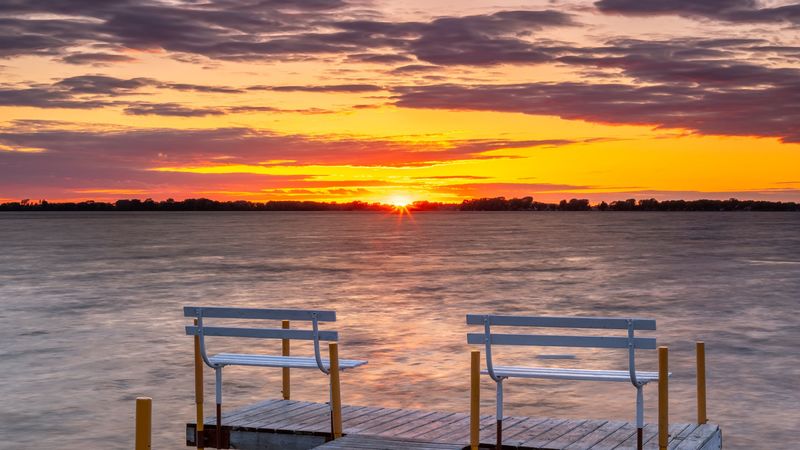 pier, bench, sea, sunset, horizon, 4k