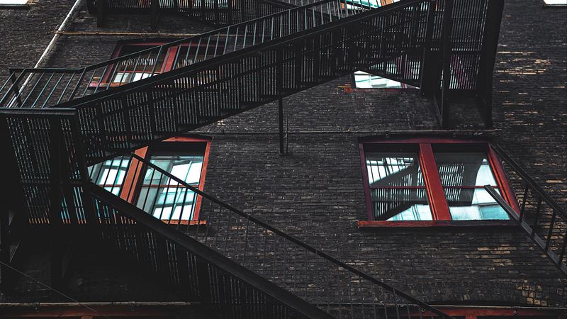 building, facade, stairs, windows, wall, black, 4k
