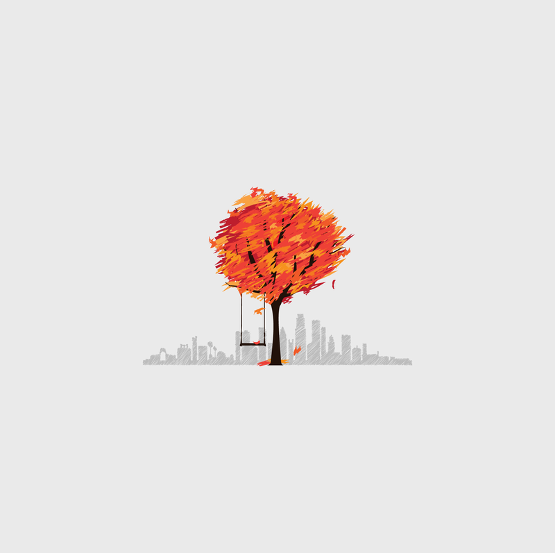 digital art, trees, cityscape, fall
