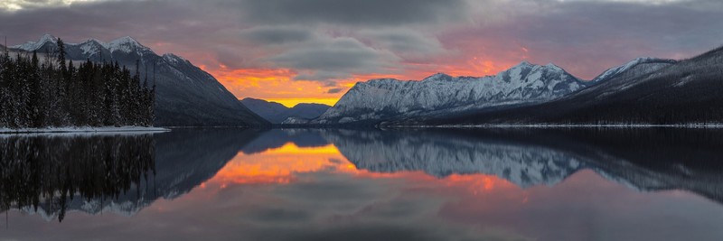 snow, winter, lake, reflection, trees, clouds, mountains, photography, sky, panorama