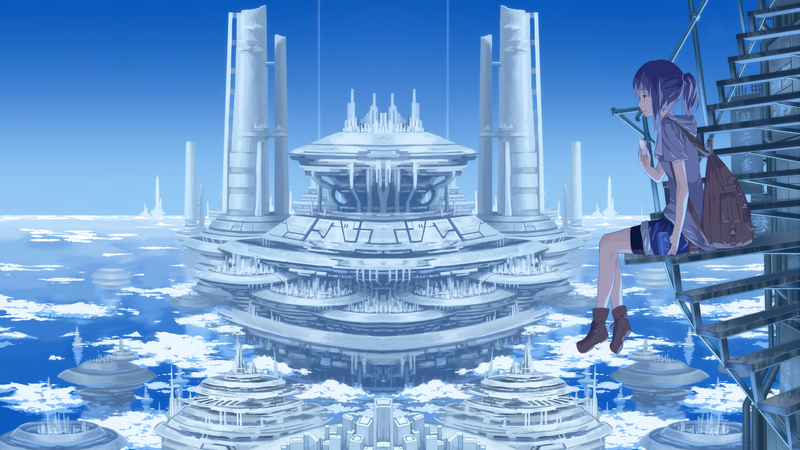 anime girls, short hair, anime, sitting, futuristic city, blue hair, futuristic