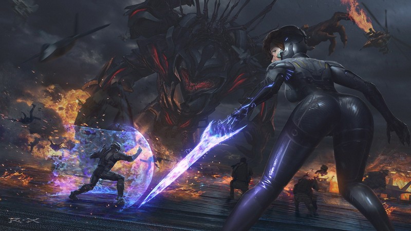illustration, futuristic, anime girls, war