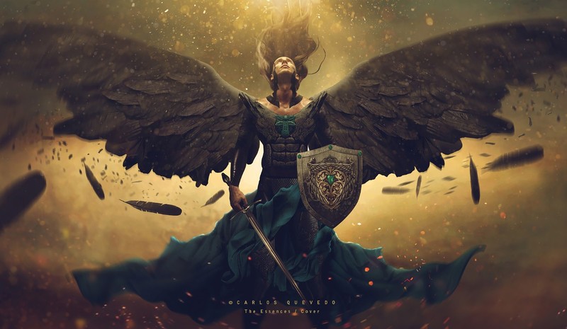 Photoshop, Carlos Quevedo, angel, shield, wings, armor, sword