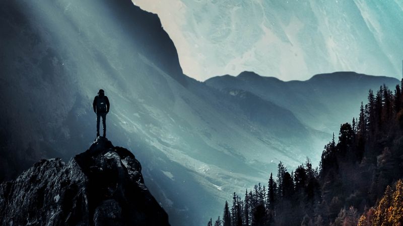 mountains, man, alone, illusion, 4k
