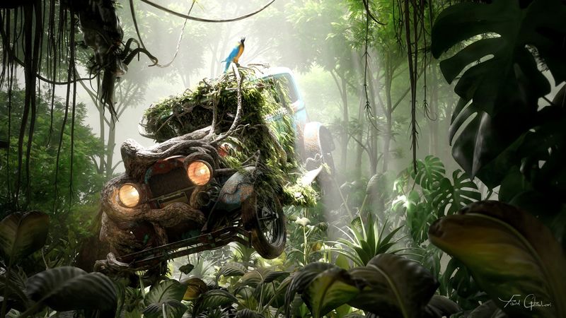 car, jungle, parrot, old, abandoned, 4k