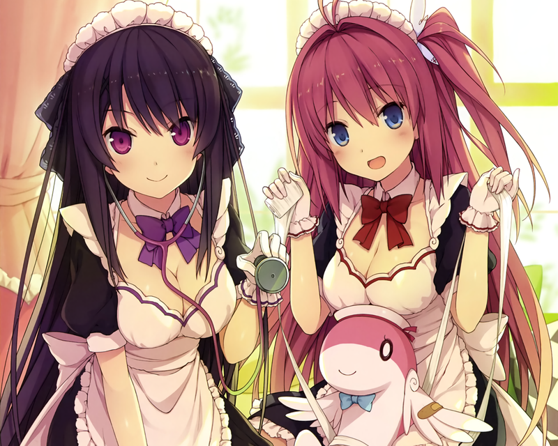 anime, anime girls, Ao no Kanata no Four Rhythm, Kurashina Asuka, Tobisawa Misaki, long hair, brunette, pink hair, blue eyes, purple eyes, looking at viewer