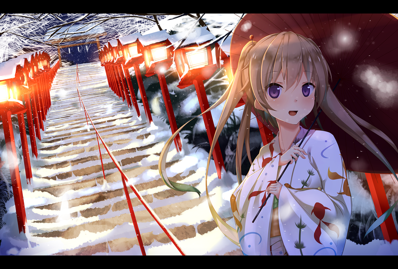 anime, anime girls, Ao no Kanata no Four Rhythm, Arisaka Mashiro, long hair, blonde, Japanese umbrella, Asian architecture, Japanese clothes, looking at viewer