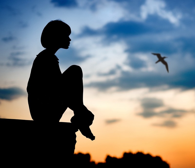 silhouette, women, sitting, sky, birds