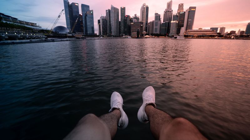 city, lake, legs, buildings, coast, 4k