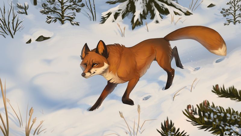 fox, snow, art, forest, winter, 4k