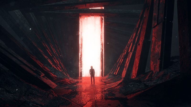 silhouette, glow, portal, light, red, 4k