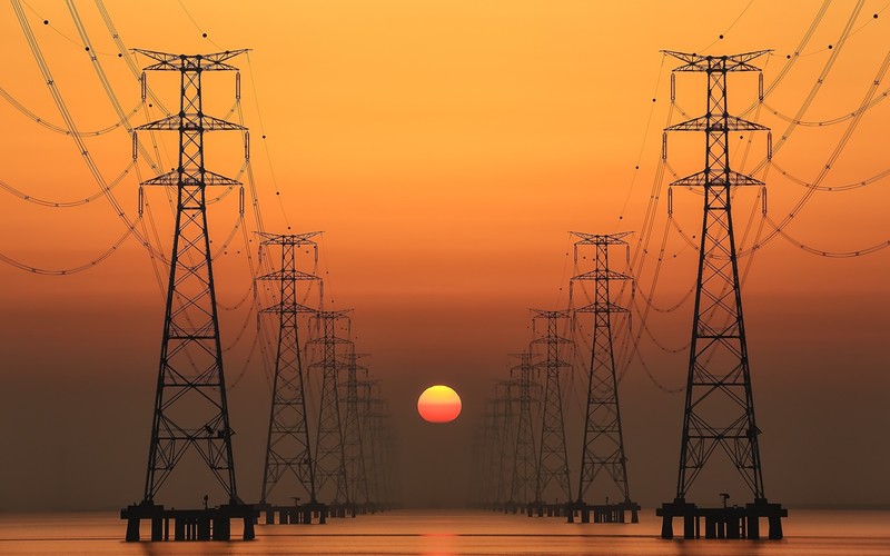 sunset, Sun, power lines, electricity