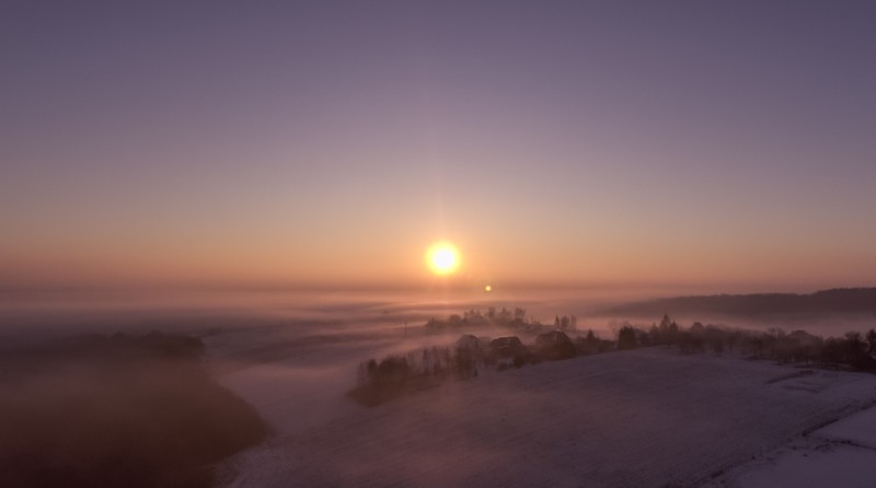Sun, sunrise, mist, aerial view, clear sky