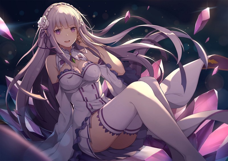 women, anime, anime girls, Emiria (Re:Zero), Re:Zero Kara Hajimeru Isekai Seikatsu, long hair, white hair, thighs, thigh-highs, looking at viewer, cleavage, purple eyes, trash