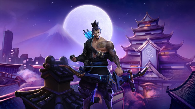 heroes of the storm, video games, digital art, Blizzard Entertainment, Overwatch, Hanzo (Overwatch), archer, looking at viewer, men, ponytail, tattoo, dark hair
