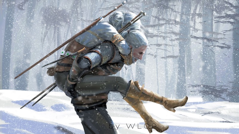 WLOP, The Witcher, Cirilla, video games, Geralt of Rivia, snow, white hair, artwork, digital art, men, women, trees, piggyback, Ciri, Cirilla Fiona Elen Riannon