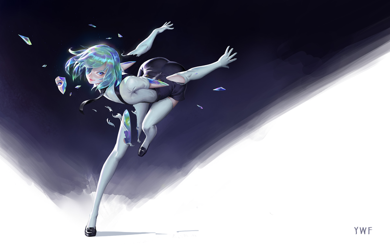anthropomorphism, aqua eyes, aqua hair, Diamond (Houseki no Kuni), elbow gloves, gloves, Houseki no Kuni, short hair, thigh-highs, simple background