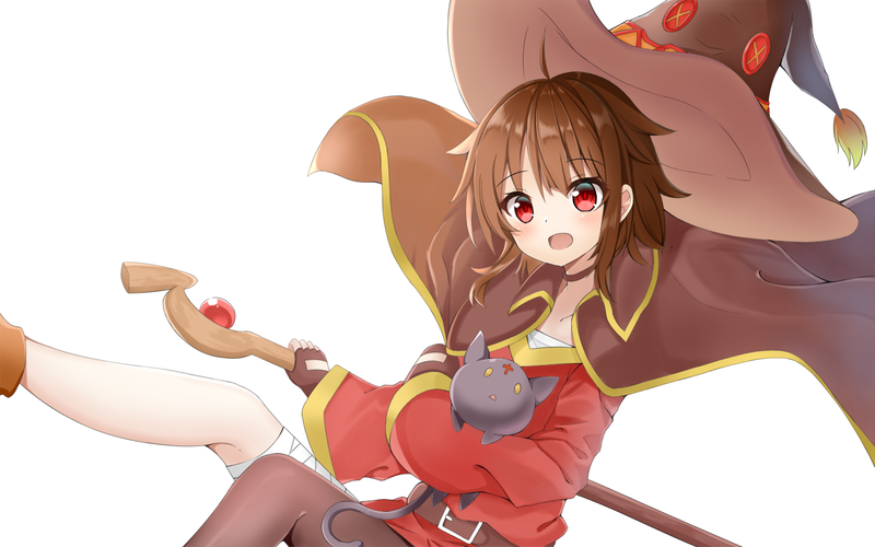 chomusuke, Kono Subarashii Sekai ni Shukufuku wo!, Megumin, witch hat, brunette, red eyes, red dress, thigh-highs, bandage, choker, cape, cats, white background, simple background, missing sock