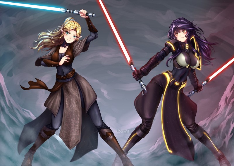 Star Wars, blonde, green eyes, long hair, pointed ears, purple hair, yellow eyes