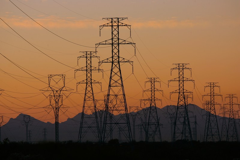 power lines, mountains, sky, sunlight