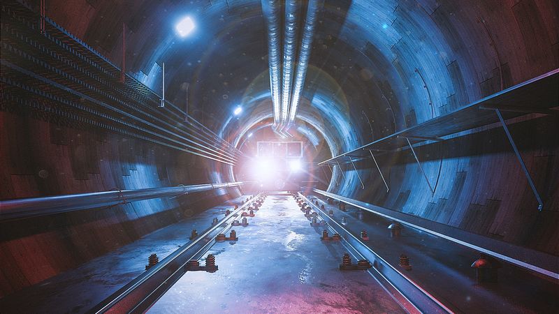 tunnel, rails, lights, headlight, underground, 4k