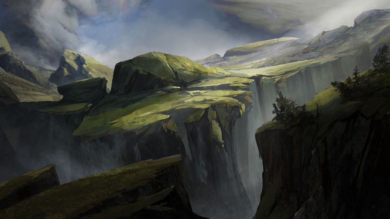 valley, fantasy, rocks, cliff, art, 4k