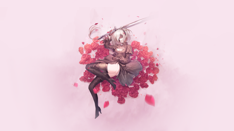 Nier: Automata, 2B (Nier: Automata), girls with swords, simple background, rose, NieR