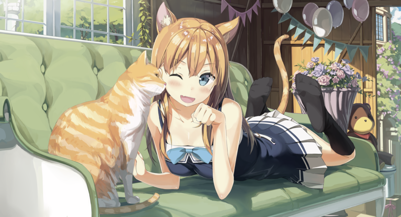 tail, animal ears, black stockings, blue eyes, cats, blonde, anime girls